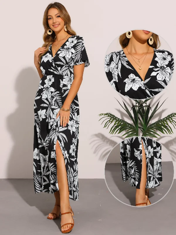 Affordable Women's Attire Floral Casual Flutter Short Sleeve Slit Maxi Dress