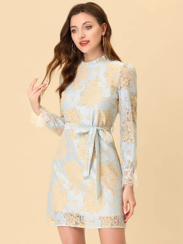 Women's Clothing Sets Lace Floral Ruffle Crew Neck Cocktail Mini Dress