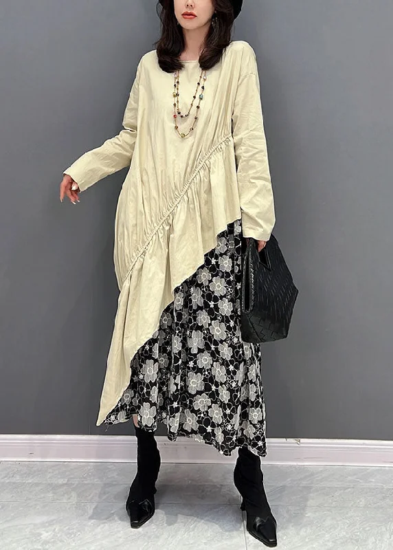 Final Sale Women Beige O-Neck Asymmetrical Patchwork Ruffles Dresses Fall