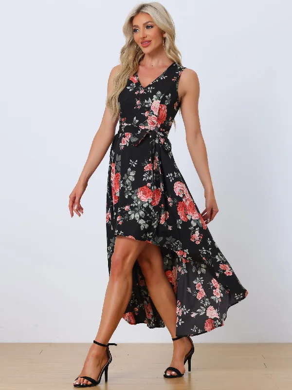 Women's Clothing Sale Online V Neck Floral Print Belt Sleeveless High Low Hem Long Maxi Dress Sundress