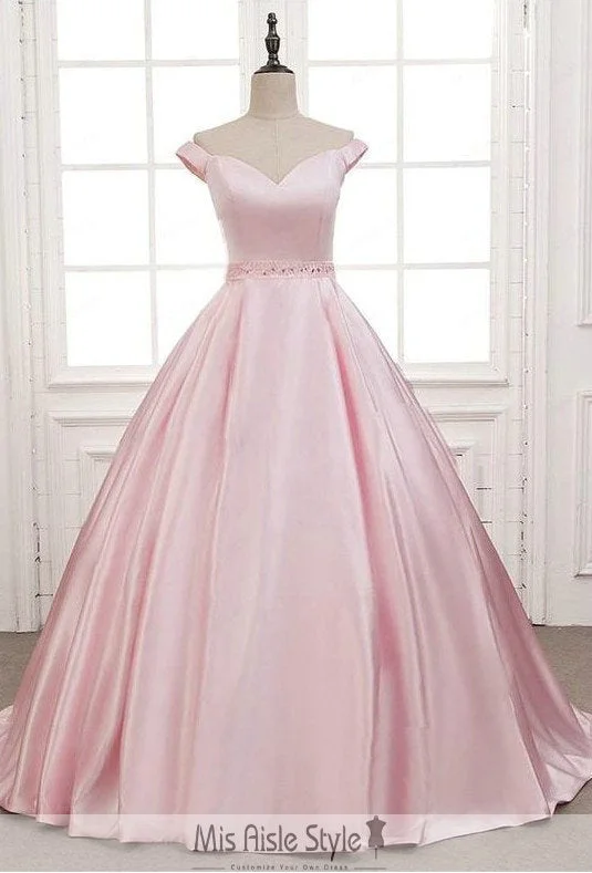 Stylish Women's Clothes for Work and Play Off Shoulder Sleeve Pearl Pink Ball Gown Prom Dress