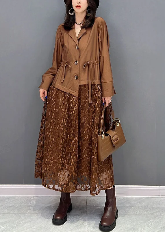 Classic Elegance Sales French Chocolate Notched Collar Drawstring Patchwork Tulle Silk Cinch Dress Fall