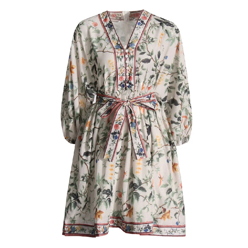 Women's Date Night Outfit Boho Style V Neck Blouson Sleeve High Waist Belted Floral Print Mini Dress