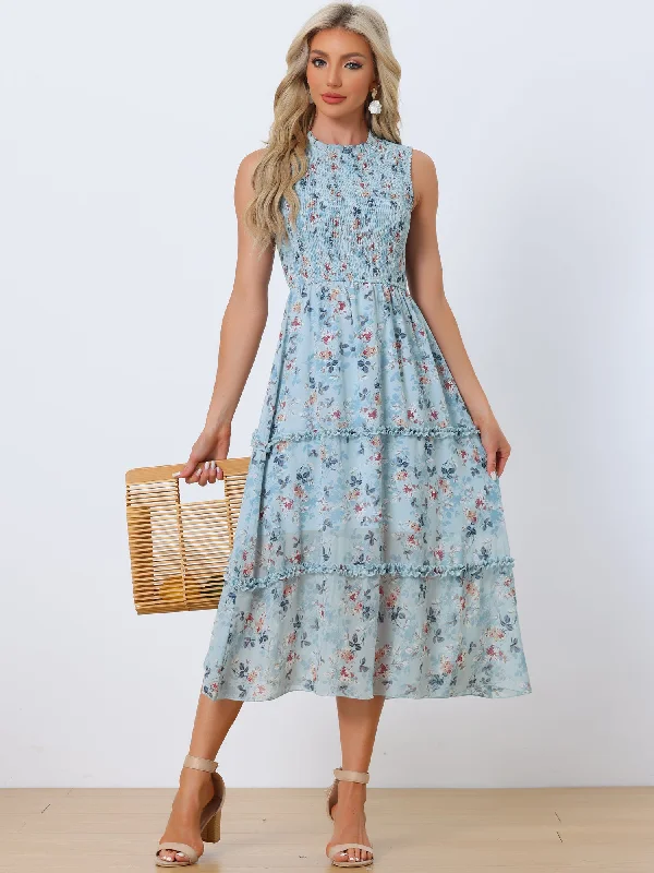 Best Online Boutiques For Women Sleeveless Floral Ruffles Crew Neck Chiffon Smocked Dress Sundress