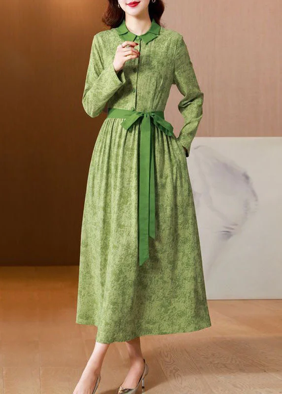 Rocker Chic Fashion Vintage Green Print Tie Waist Linen Holiday Dress Spring