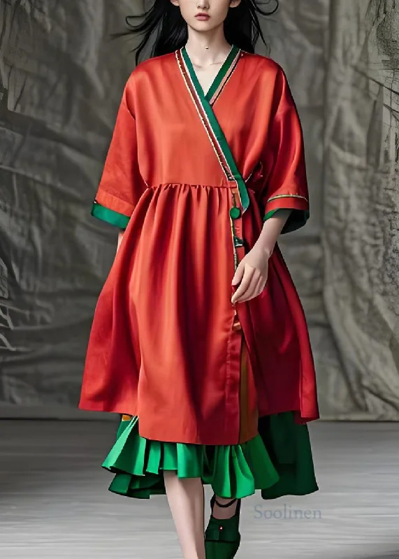 Shop The Hottest Deals Bohemian Red V Neck Patchwork Loose Cotton Dress Summer