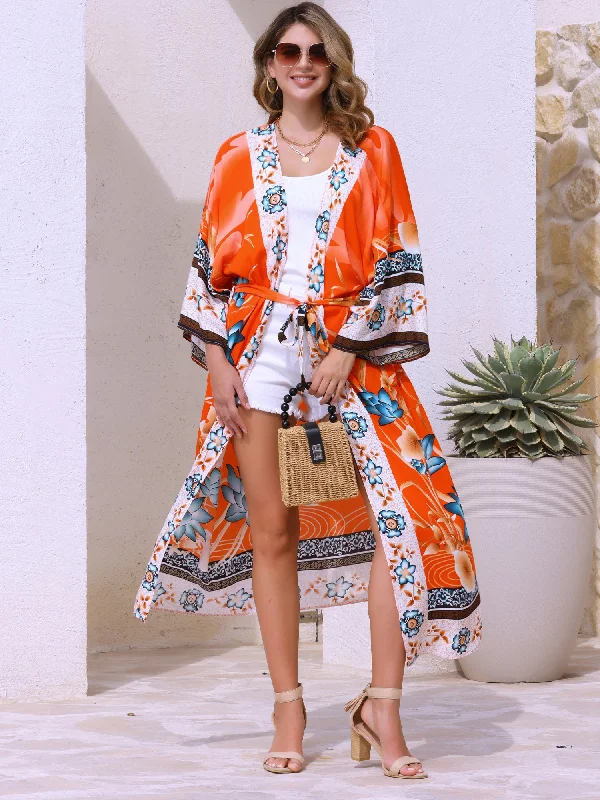 Women's Charming Outfit For Events Kimono Robes Belted Loose Fit Beach Floral Print Cover Up