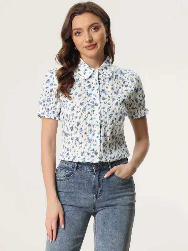 Discount Store Floral Printed Peter Pan Collar Cotton Short Sleeve Shirt