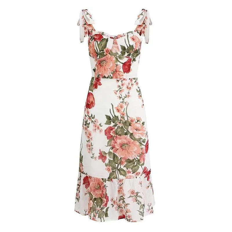 Women's Casual Attire Sexy Bloom Floral Print Ruffle Sweetheart Neck High Waist Tie Shoulder Flowy Midi Sundress