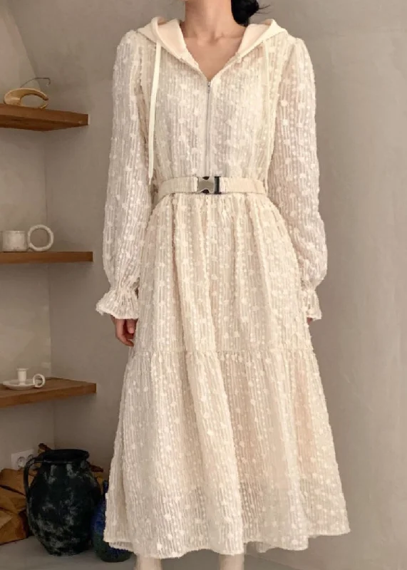 Classic Women's Clothing Styles Women Apricot Hooded Zippered Patchwork Lace Dress Spring