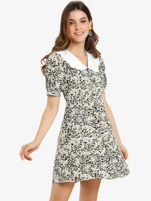 Fashionable Dresses for Women Peter Pan Collar Flowy Short Sleeve Ruffle Summer Floral Shirt Dress