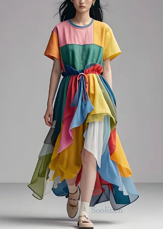 Charming Women's Garments Stylish Colorblock O Neck Asymmetrical Patchwork Cotton Dress Summer Charming Women's Garments Stylish Colorblock O Neck Asymmetrical Patchwork Cotton Dress Summer