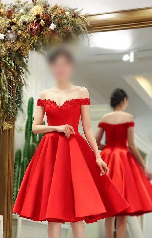 Discount Price Knee Length Ball Gown Off Shoulder Sleeve Red Party Dress