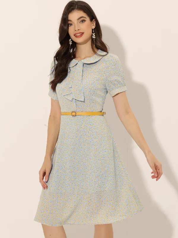 Online Boutique Stores Peter Pan Collar Tie Neck Short Sleeve A-Line Belted Floral Dress