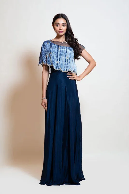 Women's Holiday Apparel Smriti Apparel's Navy Blue Leheriya Cape Gowns - Rent