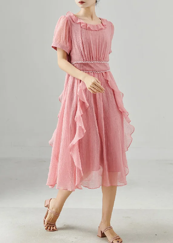 Contemporary Fashion Sale Style Pink Ruffles Elastic Waist Chiffon Dresses Summer