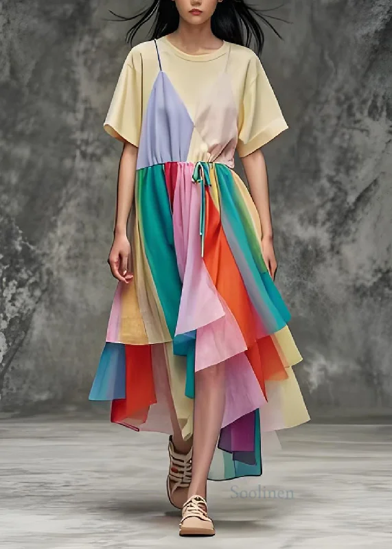 Comfortable Women's Apparel Women O Neck Asymmetrical Patchwork Cotton Dress Summer