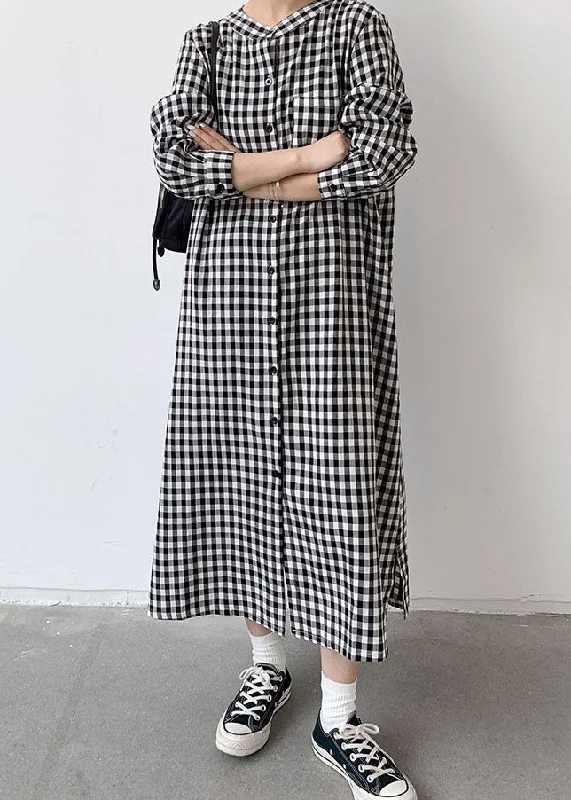 Trendy Women's Outfits Now At Irresistible Prices Art Black Plaid Wrinkled Patchwork Long Cotton Shirts Dresses Spring