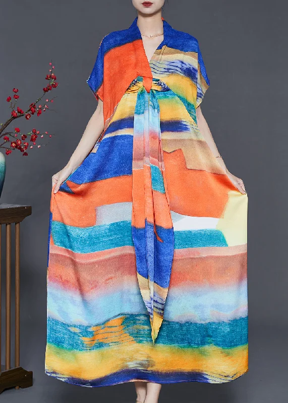 Limited Time Deal Bohemian Blue Oversized Print Chiffon Beach Dress Summer
