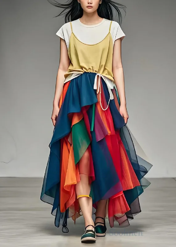 Timeless Women's Apparel Stylish Asymmetrical Tulle Patchwork Cotton Dress Summer