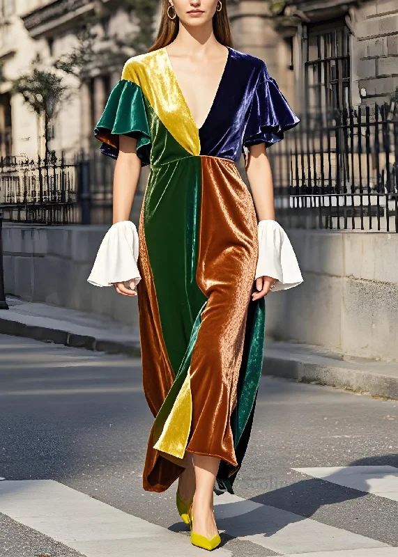 New Season Fashion Preview Stylish Colorblock V Neck Patchwork Velvet Dresses Butterfly Sleeve New Season Fashion Preview Stylish Colorblock V Neck Patchwork Velvet Dresses Butterfly Sleeve