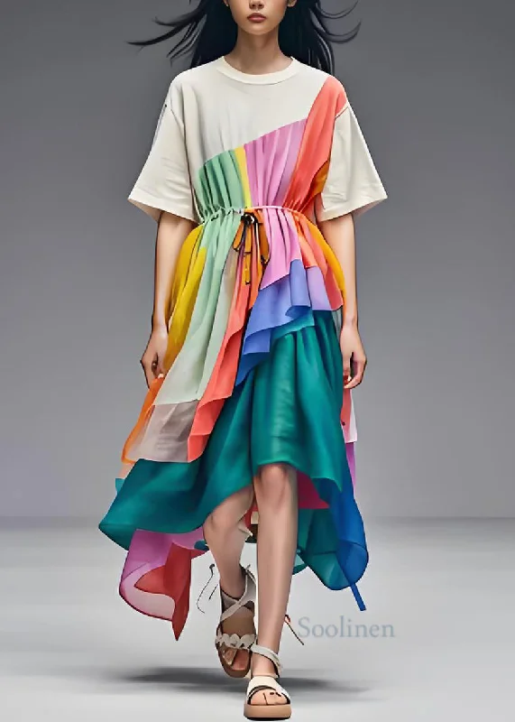 Women's Plus-Size Attire Original Design Asymmetrical Drawstring Patchwork Cotton Dress Summer Women's Plus-Size Attire Original Design Asymmetrical Drawstring Patchwork Cotton Dress Summer