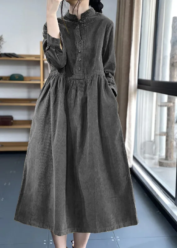 Limited Time Flash Sale Black Button Pockets Corduroy Dresses Winter