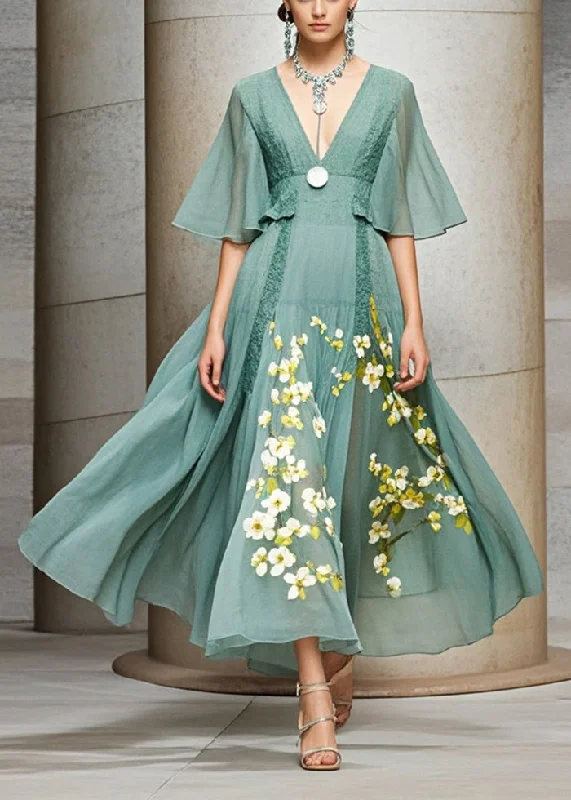 Ends Soon Stylish Green Cinched Print Chiffon Robe Dresses Summer
