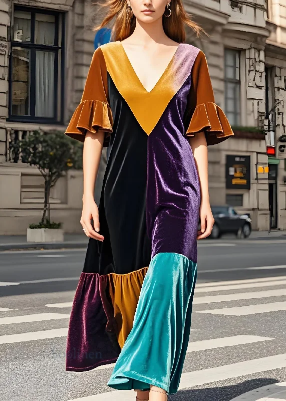 Unleash Your Trendy Side Stylish Colorblock V Neck Patchwork Velvet Dress Butterfly Sleeve