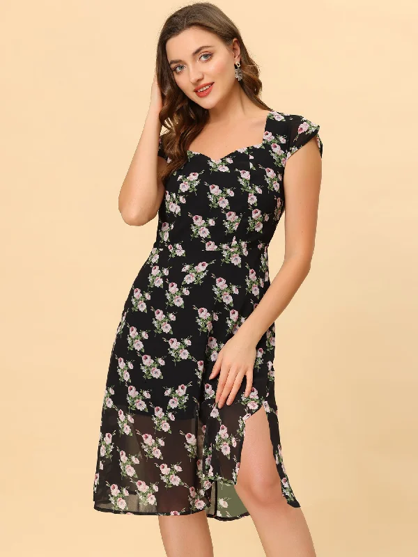 Best Clearance Sales Right Now Smocked Sweetheart Cap Sleeve Cinched Floral Chiffon Midi Dress