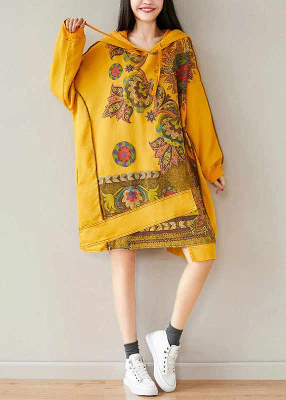 Women's Chic Fashion At Special Promotional Prices Plus Size Yellow Hooded Asymmetrical Design Patchwork Cotton Mid Dresses Spring Women's Chic Fashion At Special Promotional Prices Plus Size Yellow Hooded Asymmetrical Design Patchwork Cotton Mid Dresses Spring