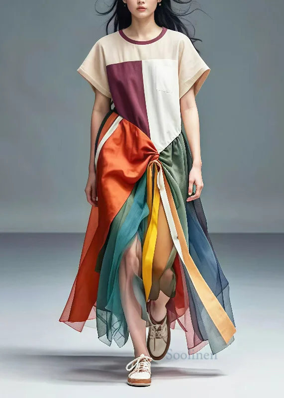 Women's Seasonal Apparel Unique Colorblock Asymmetrical Patchwork Tulle Cotton Dresses Summer Women's Seasonal Apparel Unique Colorblock Asymmetrical Patchwork Tulle Cotton Dresses Summer