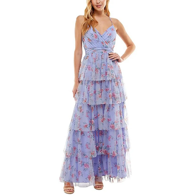 Women's Cozy Winter Attire City Studio Womens Juniors Floral Print Tiered Skirt Evening Dress