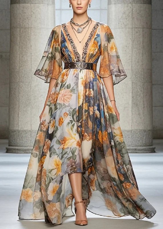 Fashion Forward Femininity Black Print Chiffon Beach Dress Deep-V Neck Cinched Summer