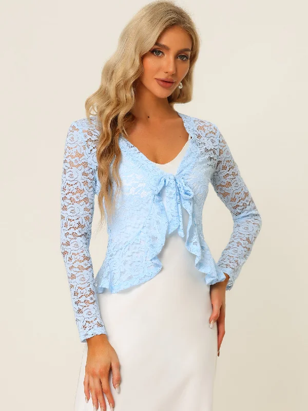 Stylish And Comfortable Clothing For Women Floral Lace Shrug Tie Front Ruffled Hem Sheer Crop Bolero