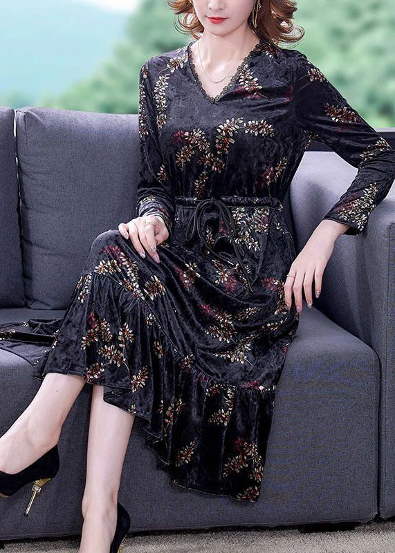 Shop Now For Exclusive Discounts Classy Black V Neck Patchwork Ruffles Print Silk Velour Cinched Dresses Spring Shop Now For Exclusive Discounts Classy Black V Neck Patchwork Ruffles Print Silk Velour Cinched Dresses Spring