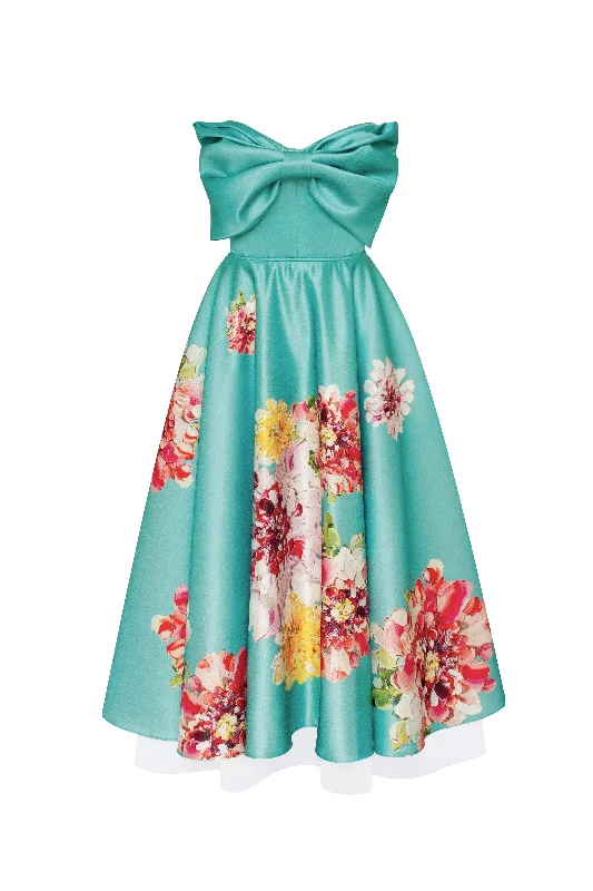 High-Quality Women's Fashion Dresses Playful aquamarine floral midi dress with bow, Glow-Up