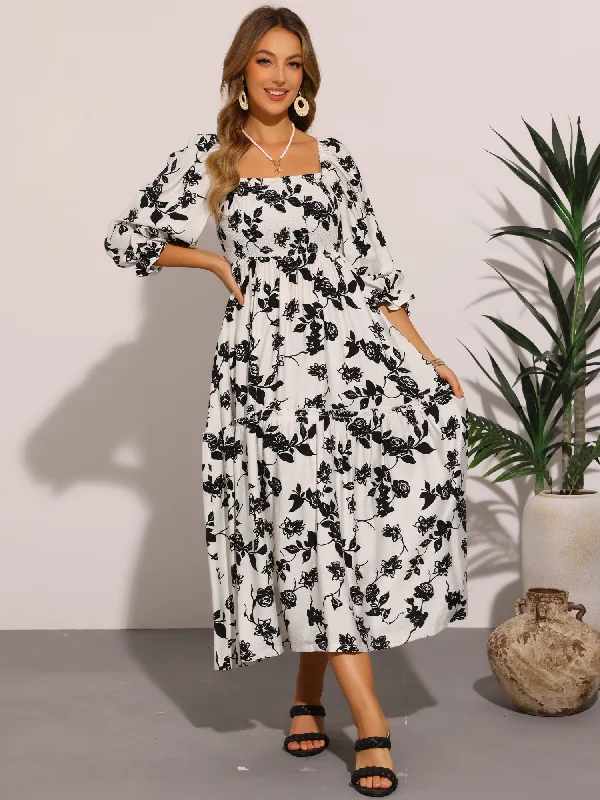 Women's Vacation Attire Floral Square Neck 3/4 Sleeve A-Line Smocked Midi Dress