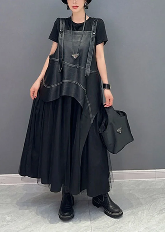 Casual Fashion Vintage Black Oversized Patchwork Faux Leather Straps Pleated Dress Summer
