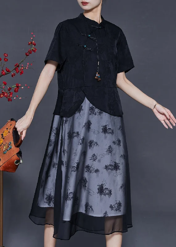 End-Of-Week Price Drops Elegant Black Chinese Button Patchwork Chiffon Dresses Summer