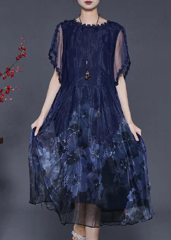 Exclusive Designer Style Deals Boutique Peacock Blue Print Hollow Out Silk Dresses Summer