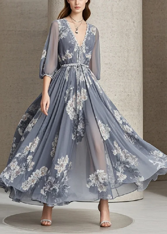 Timeless Classics Elegant Grey Cinched Exra Large Hem Chiffon Dress Bracelet Sleeve