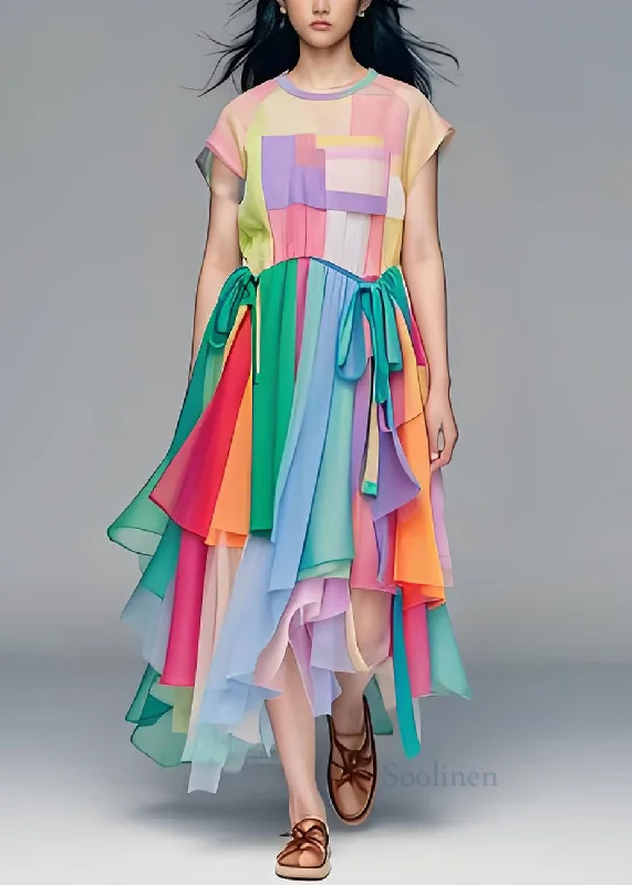Women's Casual Apparel For Weekends Loose O Neck Asymmetrical Design Tulle Patchwork Cotton Dress Summer Women's Casual Apparel For Weekends Loose O Neck Asymmetrical Design Tulle Patchwork Cotton Dress Summer