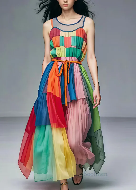 Women's Occasion Wear Apparel Rainbow Patchwork Tulle Vacation Dress Exra Large Hem Summer