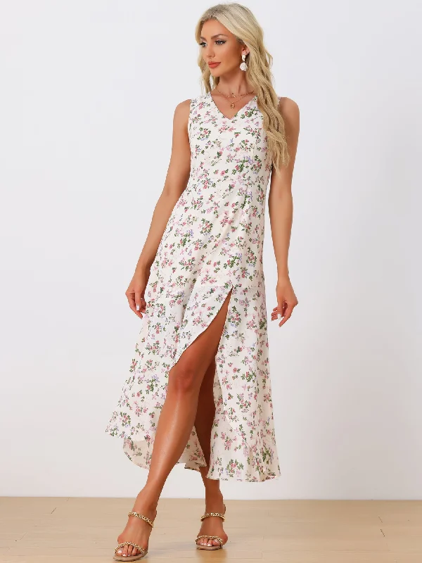 Online Shopping Boutiques Floral Print Summer High Low Side Slit Sleeveless Maxi Dress