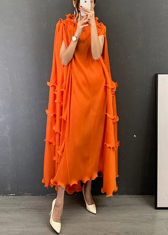 End Of Season Sale Clothing Italian Orange O-Neck Ruffled Patchwork Vestidos Dress Short Sleeve