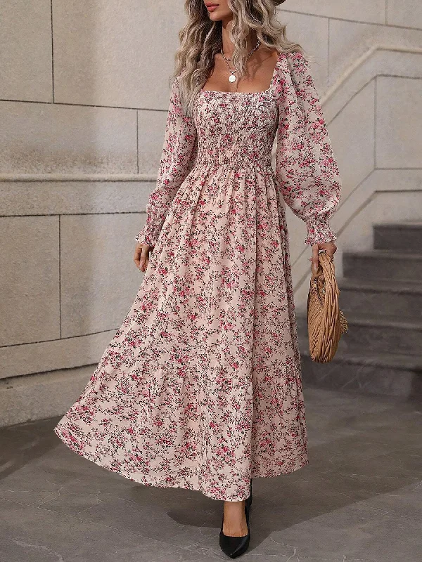 Women's Outdoor Attire Floral Long Sleeve Square Neck Smocked Maxi Dress