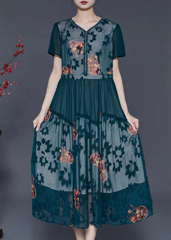 Hot Sale Modern Green Ruffled Patchwork Print Chiffon Dresses Summer