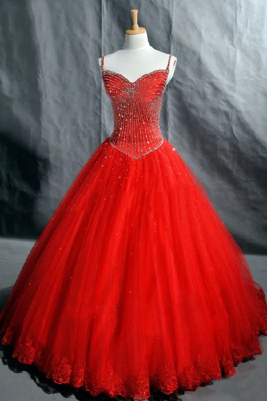 Women's Clothes Ball Gown Spaghetti Straps Red Prom Dress