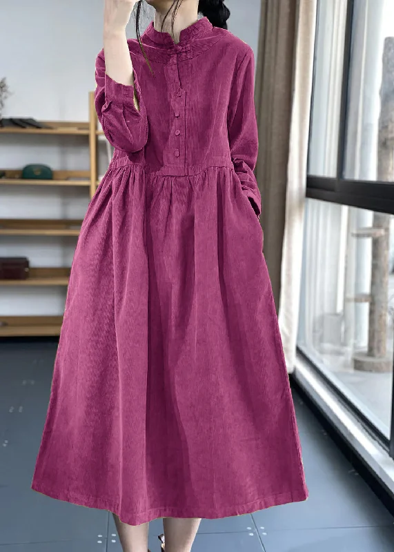 Limited Time Purple Button Pockets Corduroy Dresses Winter